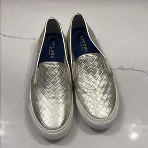 Sperry Metallic Silver Woven Slip-Ons
